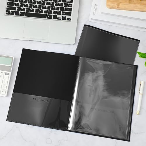 Henoyso 12 Pcs School and Home 2 Pocket Folders with 4 Clear Inner Pockets Plastic Heavy Duty Homework Folders Parent Teacher Communication for Student Home Office Classroom,11 x 9 Inch (Black) - color: Black