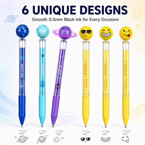6 Pack Fidget Spinner Pens - 360° Rotating Ball Gel Pens, 0.5mm Black Ink Quick-Dry Planet & Emoji Retractable Pens for Kids & Adults, Stress Relief Stationery Office School Supplies Gift