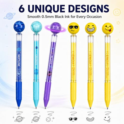 6 Pack Fidget Spinner Pens - 360° Rotating Ball Gel Pens, 0.5mm Black Ink Quick-Dry Planet & Emoji Retractable Pens for Kids & Adults, Stress Relief Stationery Office School Supplies Gift