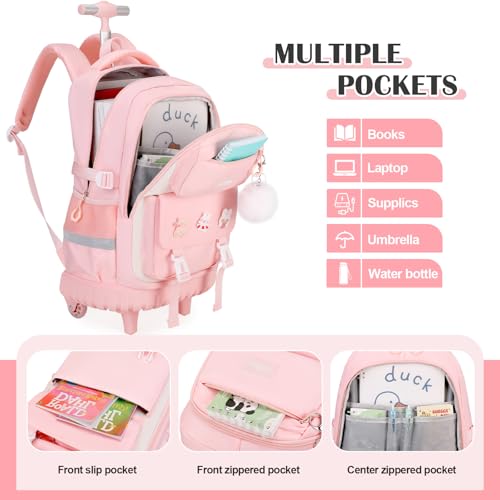 DIGOBAY Rolling Backpack for Girls, Roller School Bag with Wheels, Wheeled Backpacks with Lunch Bag Pencil case for Elementary School Bookbags with Cute Pins Pink - color: Pink