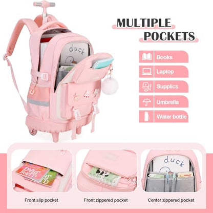 DIGOBAY Rolling Backpack for Girls, Roller School Bag with Wheels, Wheeled Backpacks with Lunch Bag Pencil case for Elementary School Bookbags with Cute Pins Pink - color: Pink