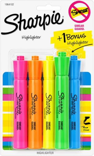 Sharpie Tank Highlighters, Chisel Tip, Assorted Colors, 4-Count + 1 Bonus