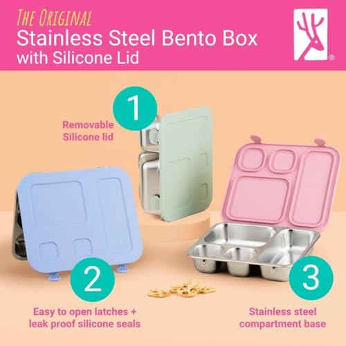 Elk and Friends Kids Stainless Steel Bento Box with Silicone Lid | Leak-proof | Toddler Lunch Container | 4 Compartments | Dishwasher Safe - color: Misty Blue