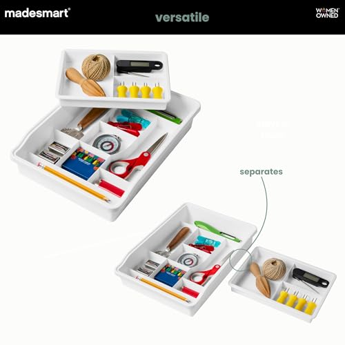 madesmart 13-Compartment Junk Drawer Organizer with Sliding Top Tray, Multi-Purpose Storage for Kitchen, Office & Bathroom Drawers, White