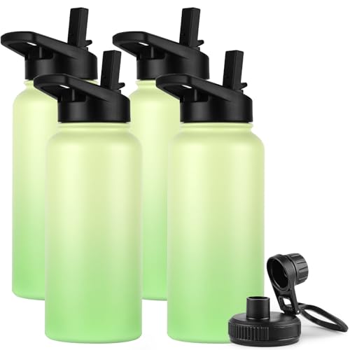 DOMICARE 32 oz Insulated Water Bottle Bulk, Vacuum Insulated Stainless Steel Sports Water Bottle with Straw Lid & Spout Lid, Leakproof, Reusable - Travel, Camping, Bike, Green Gradient (4 Pack) - color: Green Gradient, size: 32oz/4 Pack