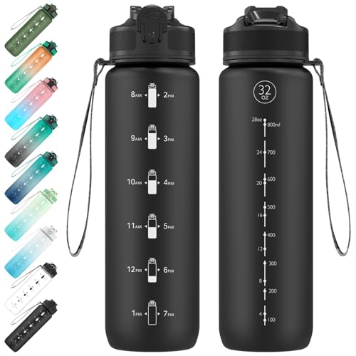 EYQ 32 oz Water Bottle with Time Marker, Carry Strap, Leak-Proof Tritan BPA-Free, Ensure You Drink Enough Water for Fitness, Gym, Camping, Outdoor Sports - color: 11.Black