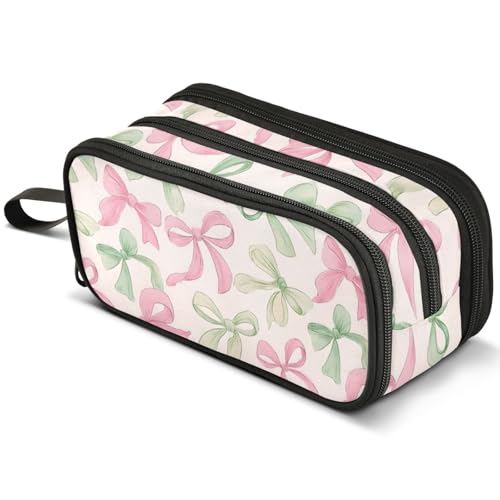 ALAZA Pink Green Bow Large Pencil Case, Pen Pouch Pencil Bag with 3 Compartments Pen Holder Organizer Stationery Bag - color: Green Bow