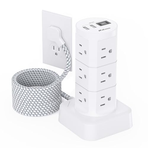 Surge Protector Power Strip Tower, 10FT Extension Cord with Multiple Outlets(12 AC Outlets), Slim Flat Plug, 1875W/15A Overload Protection, Office Desk Supplies, Dorm Room Essentials - color: White, size: 10 FT