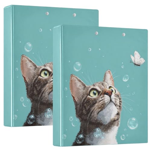 Fustylead Tabby Cat Butterfly Andf Bubble Cyan 3 Ring Binder, D-Rings 1.5" Hardcover Folder, Fits 200 Sheets of A4 Paper, Durable Clipboard & Clean View with Inside Pockets for School Home Office - size: 12.4x10.63x2.36 Inch-2 Pack