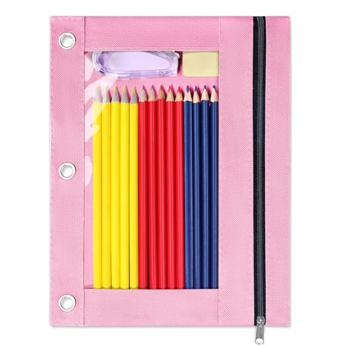 SUNEE Pencil Pouch for 3 Ring Binder, Zipper Pencil Pouch with Clear Window, 3 Reinforced Grommets, Binder Accessories for School and Office Supplies Storage, Pink - color: Pink