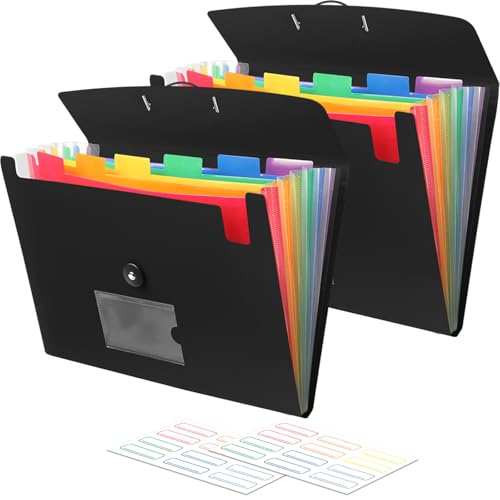 Accordian File Organizer 7 Pocket Expanding File Folder with Labels, Plastic Expandable File Folder for Documents Letter Size A4 Papers - 2-Pack Black - size: 2-Pack 7 Pocket