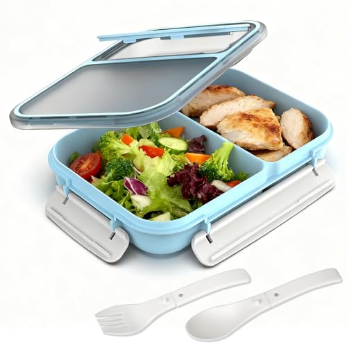 WHALEHOUSE Bento Lunch Box, 1100ML 2 Compartments Meal Prep Container with Utensil, Airtight Food Storage Container with Snap Locking Lids, Microwave/Dishwasher/Freezer Safe, On the Go - color: 1100mL-Blue