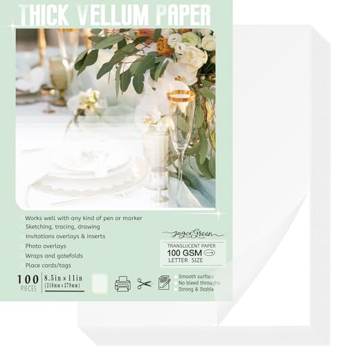 JAGERGREEN Vellum Paper 8.5 x 11 Inches 100GSM 100 Sheets, Thick Translucent Printable Vellum Paper for Invitations, Vellum Jackets, Envelopes, Crafts, Wedding Belly Bands, Tracing Paper for Sketching - size: 100 PCS