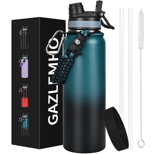 GAZLEMHO 40 oz Insulated Water Bottle with Straw& Spout 2-in-1 Lid, Triple Wall Vacuum Stainless Steel Cold 48H, Leak Proof Sports Metal Flask Jug with Paracord Handle, Indigo Black - color: Indigo Black, size: 40 Ounces
