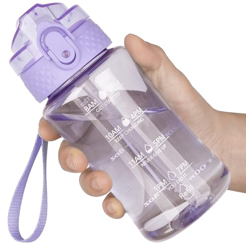 OLDLEY 12oz Kids Water Bottle, Tritan BPA-Free, Leakproof Flip Straw Lid, Motivational Time Marker, Carry Strap, Reusable Clear Water Bottle for Boys & Girls,Amethyst - color: Amethyst, style: 12 Ounces