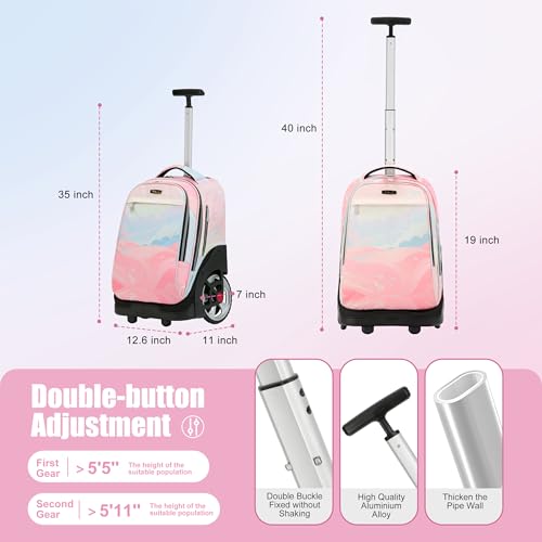 NEW TILAMI 19 Inch Rolling Backpack with Lunch Bag for Girls Boys Wheeled Laptop Backpack Durable Carry-on Bag School Travel, Pink - color: Pink