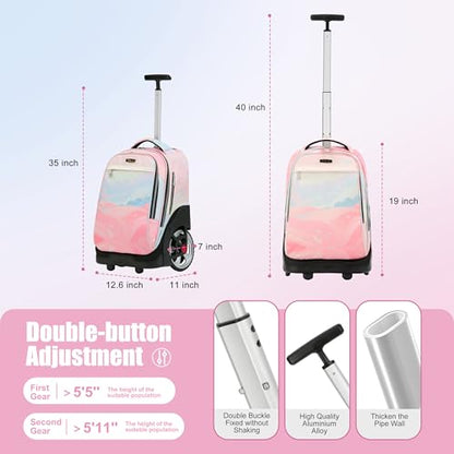 NEW TILAMI 19 Inch Rolling Backpack with Lunch Bag for Girls Boys Wheeled Laptop Backpack Durable Carry-on Bag School Travel, Pink - color: Pink