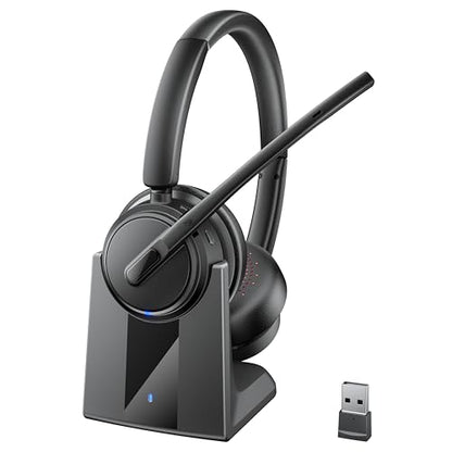 Mopchnic Wireless Headset with Noise Cancelling Microphone, On-Ear Bluetooth Headset with USB Dongle, Mute Function & Charging Base, Wireless Headphones for Work from Home and Call Center (Black) - color: Black