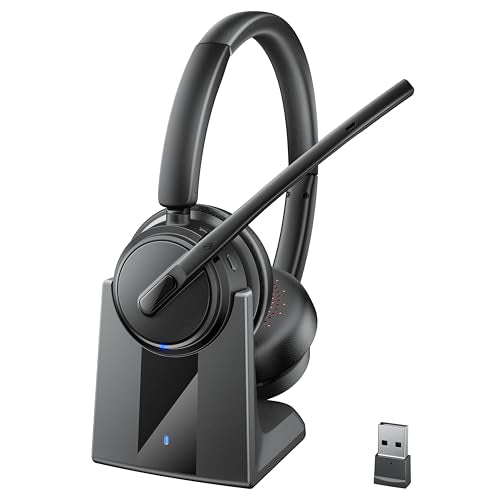 Mopchnic Wireless Headset with Noise Cancelling Microphone, On-Ear Bluetooth Headset with USB Dongle, Mute Function & Charging Base, Wireless Headphones for Work from Home and Call Center (Black) - color: Black