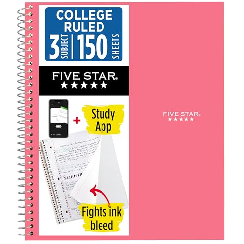 Five Star Spiral Notebook + Study App, 3 Subject, College Ruled Paper, 8-1/2" x 11", 150 Sheets, Fights Ink Bleed, Water Resistant Cover, Prom Pink (820003R) - color: Prom Pink, size: 1 Count (Pack of 1)