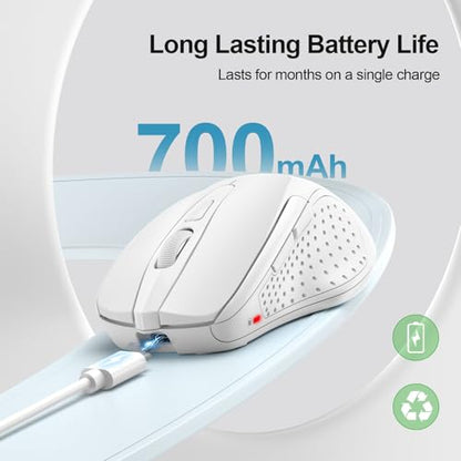 TECKNET Wireless Mouse, BT 5.0/2.4G, Rechargeable 6-DPI Silent, White | Bluetooth 5.0/3.0 & USB A, 2-Device Easy Switch, Wide OS Compatible, 6 Buttons, 6-DPI up to 4800, Ergonomic for S to M Hands - color: White