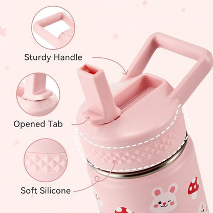 Fijinhom 12 oz Kids Water Bottle, Toddler Water Bottle with Straw, Boys&Girls Bottle for School, 304 Stainless Steel Vacuum Insulated Bottle for Kids, BPA-Free, Leak-Proof, Rabbit - color: Rabbit