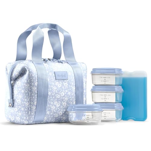 Fit & Fresh Remi Lunch Bag for Women Work – Neoprene Lunch Tote with Containers & Ice Pack, Reusable Meal Prep Lunch Box, Large Capacity, Machine Washable - color: Blue Vintage Flowers