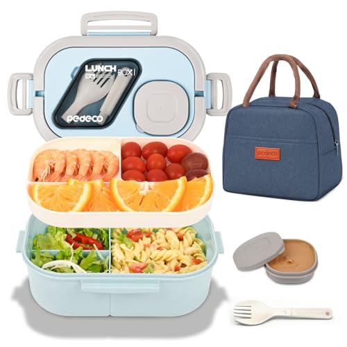 PEDECO Blue Bento Box with Bag, 2-Tier Stackable with Utensils & Sauce Box | 3 compartments prevent food mixing,Portable sauce pod included,Microwave safe,BPA-free, for adults, kid, work, travel,pinic - color: Blue