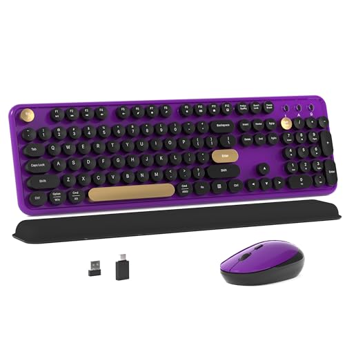 Colorful MPTOG Wireless Computer Keyboard and Mouse Combo (Black-Purple) | Retro Round Typewriter Keycaps, Power Switch, Ergonomic Design, 2.4GHz Wireless for Windows, Mac, PC - color: Black-Purple
