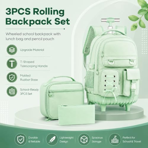 KLFVB Roller Backpack for Girls, 3PCS Rolling Bookbag with Lunch Bag for Kids, Wheeled School Bag for Teen - Cyan Ribbon Bow - color: Cyan Ribbon Bow Rolling Backpack