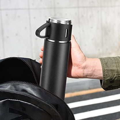 Stainless Steel Thermo 500ml/16.9oz Vacuum Insulated Bottle with Cup for Coffee Hot drink and Cold drink water flask.(Black,Set) - color: Black (Set), size: 16.9 Ounces