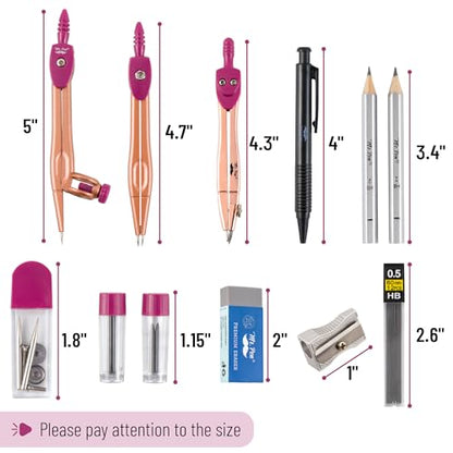 Mr. Pen- Geometry Set, 15 pcs, Rose Gold & Pink | 6 Inch Swing Arm Protractor, Divider, Set Squares, Ruler, Compasses and Protractor - color: Rose Gold & Pink