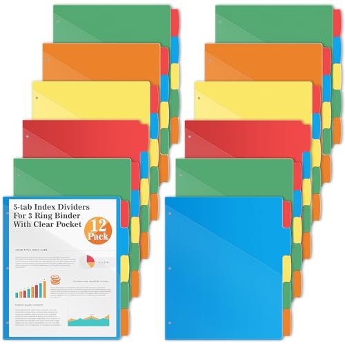V-Opitos 12 Set 5-tab Index Dividers for 3 Ring Binders, Plastic Dividers with Clear Front Pocket, 60 Pcs Multicolor Dividers for School & Office Supplies | Bulk Multicolor Plastic Dividers, 3-Hole Punched, Clear Window, Waterproof, Writable Labels, Fits