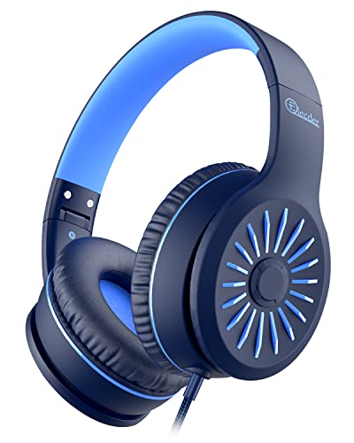 ELECDER i45 Kids Headphones Wired, On-Ear Headphones for School, Grey&Blue | Foldable Portable, 1.5M Cord Headphone Stereo Aux Jack 3.5mm Headset for Smartphones Chromebook Computer PC Airplane Travel - color: Grey&Blue