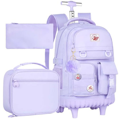 CCJPX Rolling Backpack for Girls Women, 21 inch Roller Wheels School Bookbag, Wheeled Suitcase Backpacks with Lunch Bag for Teen - Purple - color: Purple