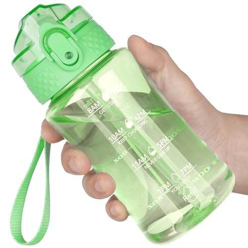OLDLEY 12oz Kids Water Bottle, Tritan BPA-Free, Leakproof Flip Straw Lid, Motivational Time Marker, Carry Strap, Reusable Clear Water Bottle for Boys & Girls,Pear - color: Pear, style: 12 Ounces