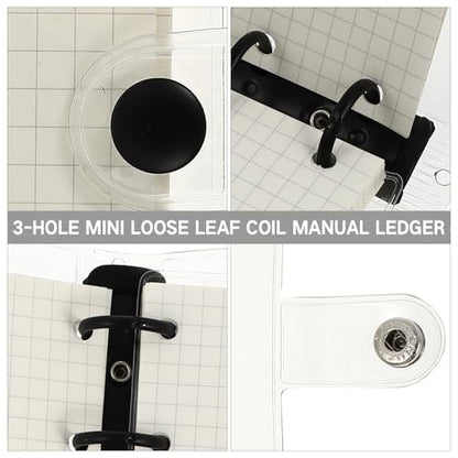 AUTSUPPL Mini Pvc Coil Memo Notebook with 3-hole Binder, Black Cover, 50-page Grid Insert, and Pvc Loose Leaf Pouch for Office and School Use