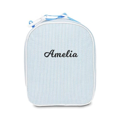 MT WORLD Personalized Lunch Bag Tote Custom Embroidery Name Reusable Seersucker Stripe Pattern Insulated Lunch Box - color: Aqua