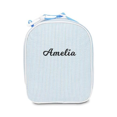 MT WORLD Personalized Lunch Bag Tote Custom Embroidery Name Reusable Seersucker Stripe Pattern Insulated Lunch Box - color: Aqua