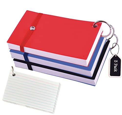 Index Cards, White Ruled 3x5 Inch Index Card with Ring, Note Taking Ruled Paper for School, Learning, Journaling, Recipe, Flash Cards | Ring Index Card with Elastic Band - 100 Sheets Per Pad - 3 Pack