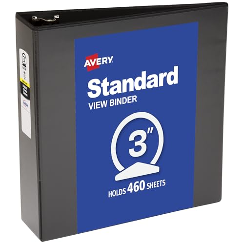 Avery Standard View 3 Ring Binder, 3" Round Rings, 460-Sheet Capacity, 3.5 Inch Wide Spine, 1 Black Binder, Ideal for Lightweight Organization and Occasional Referencing (05740) - size: 3"