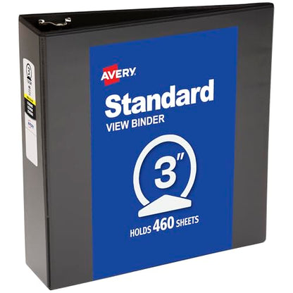 Avery Standard View 3 Ring Binder, 3" Round Rings, 460-Sheet Capacity, 3.5 Inch Wide Spine, 1 Black Binder, Ideal for Lightweight Organization and Occasional Referencing (05740) - size: 3"