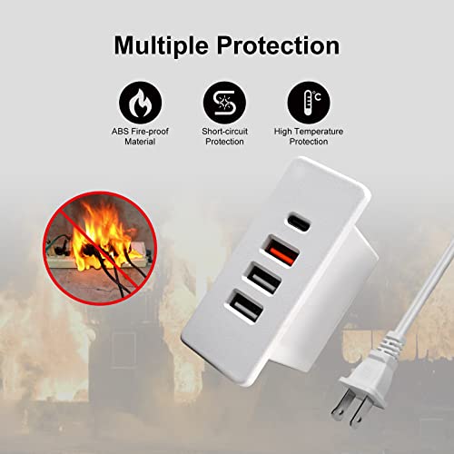 Powered USB C Hub Socket Recessed USB C Power Strip Outlet with Fast Charge 4 USB Ports 20W Mounted into Bed Desk Table Sofa (White) - color: White