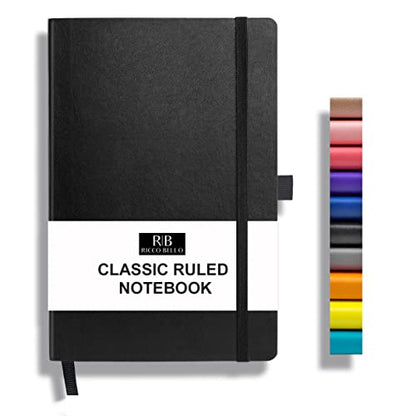 RICCO BELLO Lined Journal Notebook with Pen Holder, Black | Faux Leather Hardcover, College Ruled, 96 Sheets/192 Pages, 5.7 x 8.4 Inches, For Work & Notes - color: Black