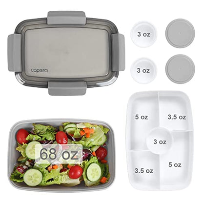 Caperci Large Salad Container for Lunch - Better Adult Bento Lunch Box 68 oz, 5-Compartment Tray, 2pcs 3-oz Sauce Cups, Stackable, BPA-Free (Gray) - color: Gray