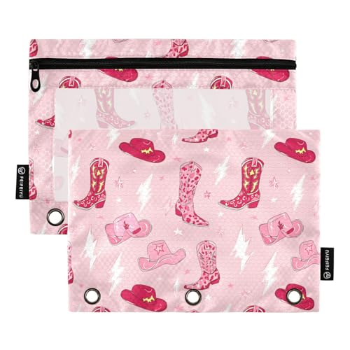 Gredecor Binder Pencil Pouch 3 Ring Retro Cowgirl Boots Pink Zipper Pencil Pouches Case 2 Pack Clear Binder Organizer for Kids School Office - color: Retro Cowgirl Boots