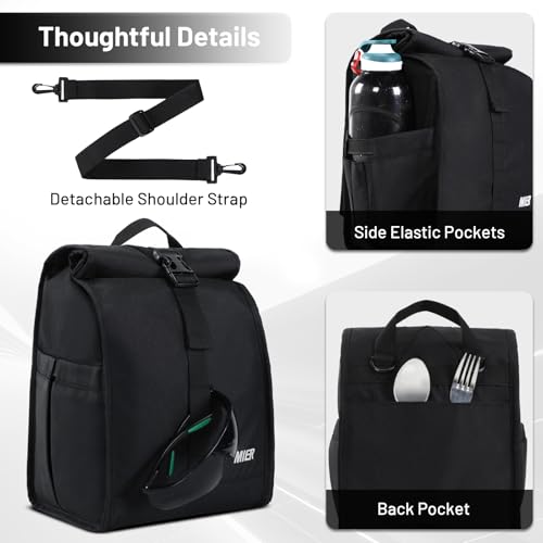 MIER Insulated Lunch Bag Roll Top Lunchbox for Women Men Adults Foldable Rolltop Lunch Tote with Shoulder Strap for Work Office Picnic, Water Bottle Holder, Black - color: Black