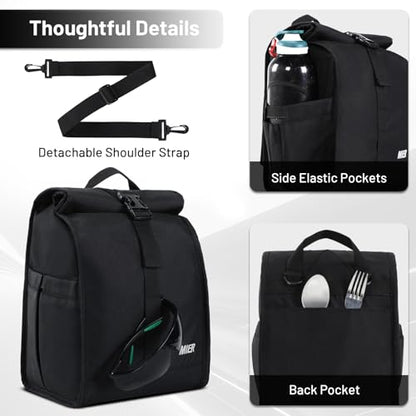 MIER Insulated Lunch Bag Roll Top Lunchbox for Women Men Adults Foldable Rolltop Lunch Tote with Shoulder Strap for Work Office Picnic, Water Bottle Holder, Black - color: Black