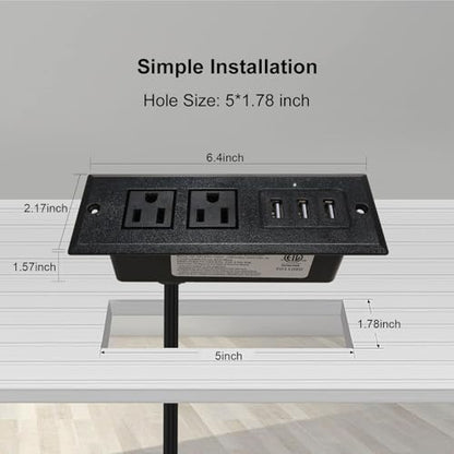 Desktop Recessed Power Strip with USB Flush Mount Power Socket 2 Outlets 3 USB Ports (15W/3A) Flat Plug Charge Station for Table Cabinet Sofa Counter - color: Black