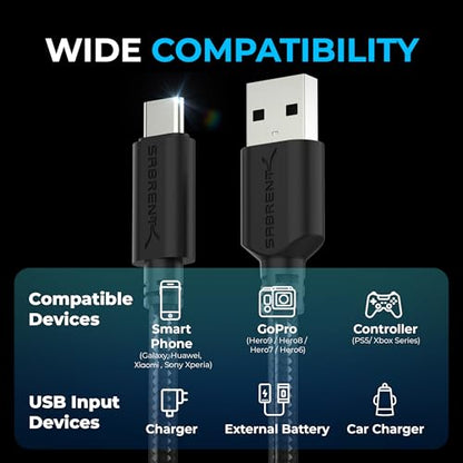 SABRENT [3-Pack 22AWG Premium 6ft USB-C to USB A 3.0 Sync and Charge Cables [Black] (CB-C3X6) - size: 6-FT, style: USB 3.0 [3-PACK]